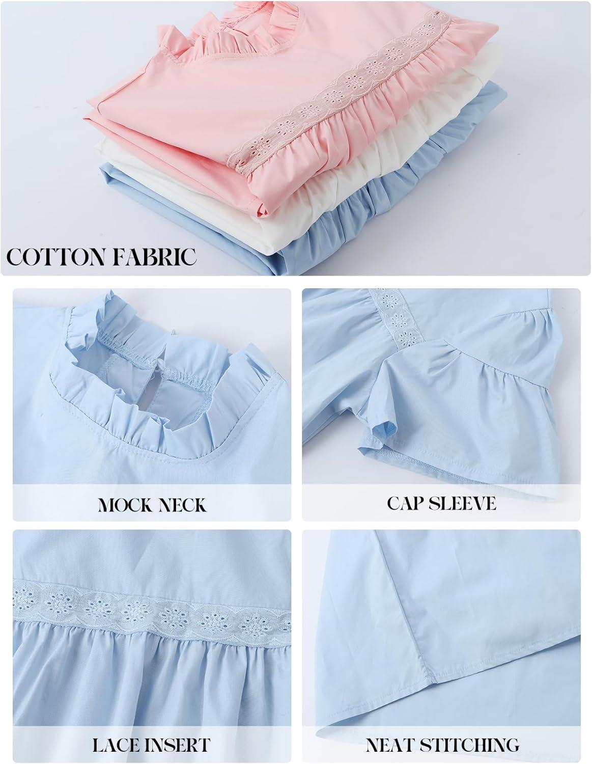 Arssm Peplum Tops for Women Short Sleeve Babydoll Shirt Mock Neck Blouse Pleated Tunic Shirts(Blue)