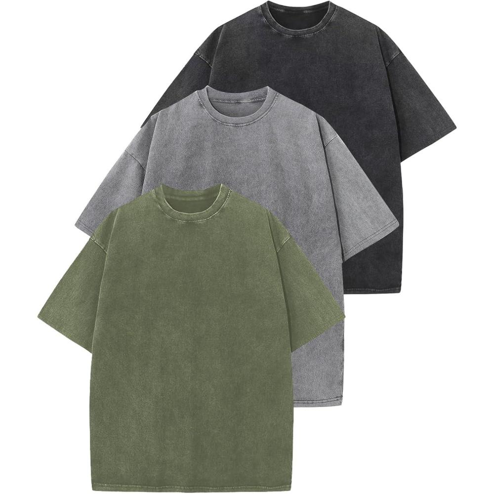 Arssm 3 Pack Men Oversized T Shirts Vintage Tee Loose Fit Short Sleeve Casual Streetwear Baggy Washed Unisex Tops(Black+grey+army)