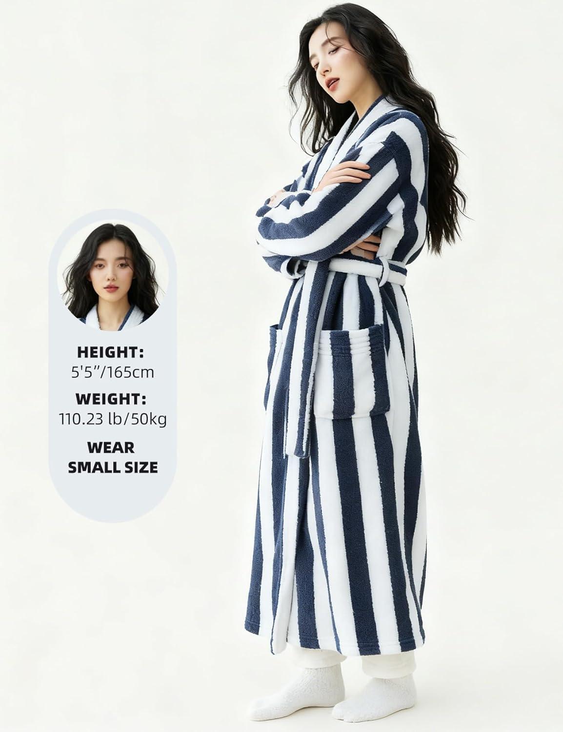 Arssm Womens Striped Fluffy Robe Long Plush Bathrobes Fuzzy Warm Cozy Thick Loungewear Maxi Robe(Blue)