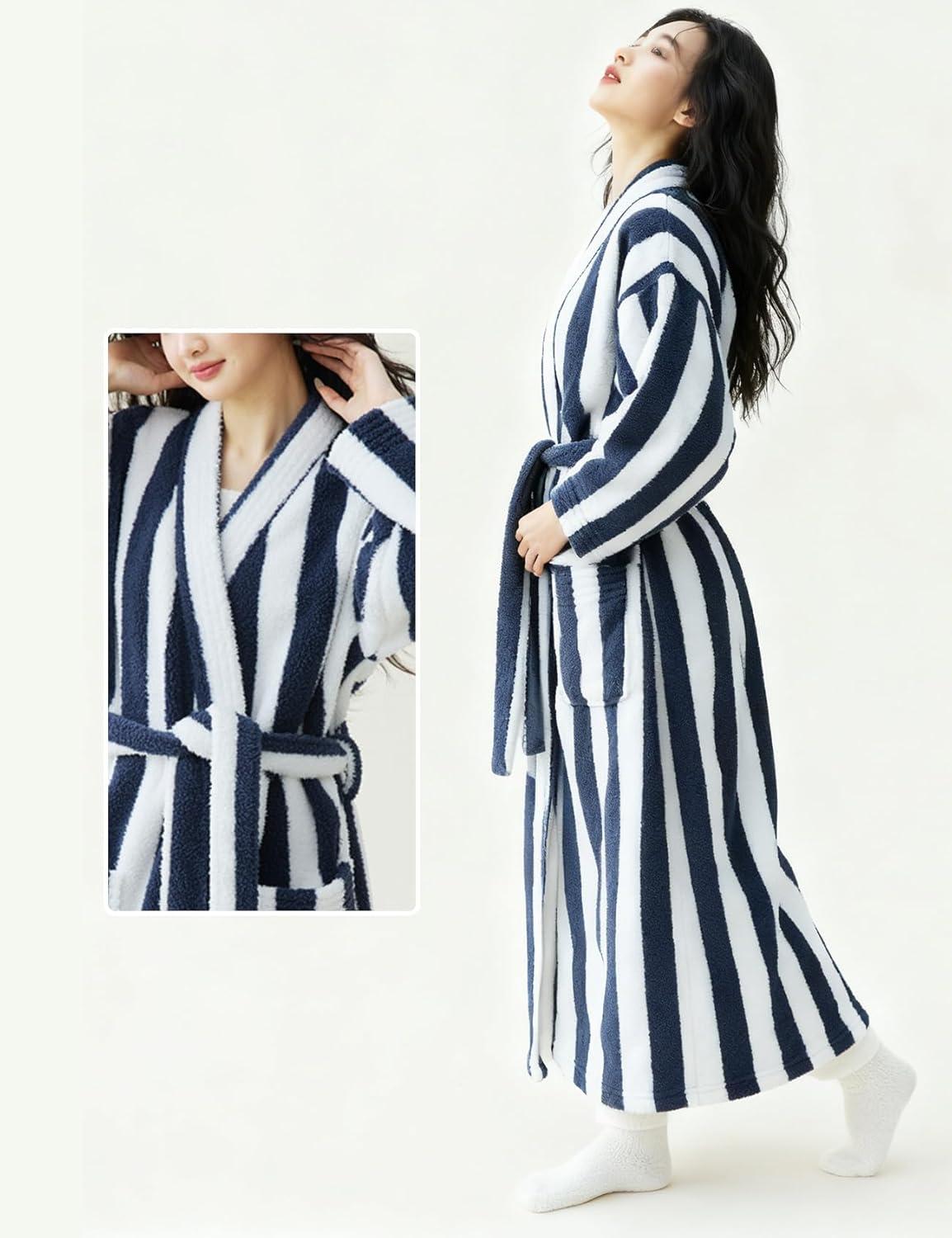 Arssm Womens Striped Fluffy Robe Long Plush Bathrobes Fuzzy Warm Cozy Thick Loungewear Maxi Robe(Blue)