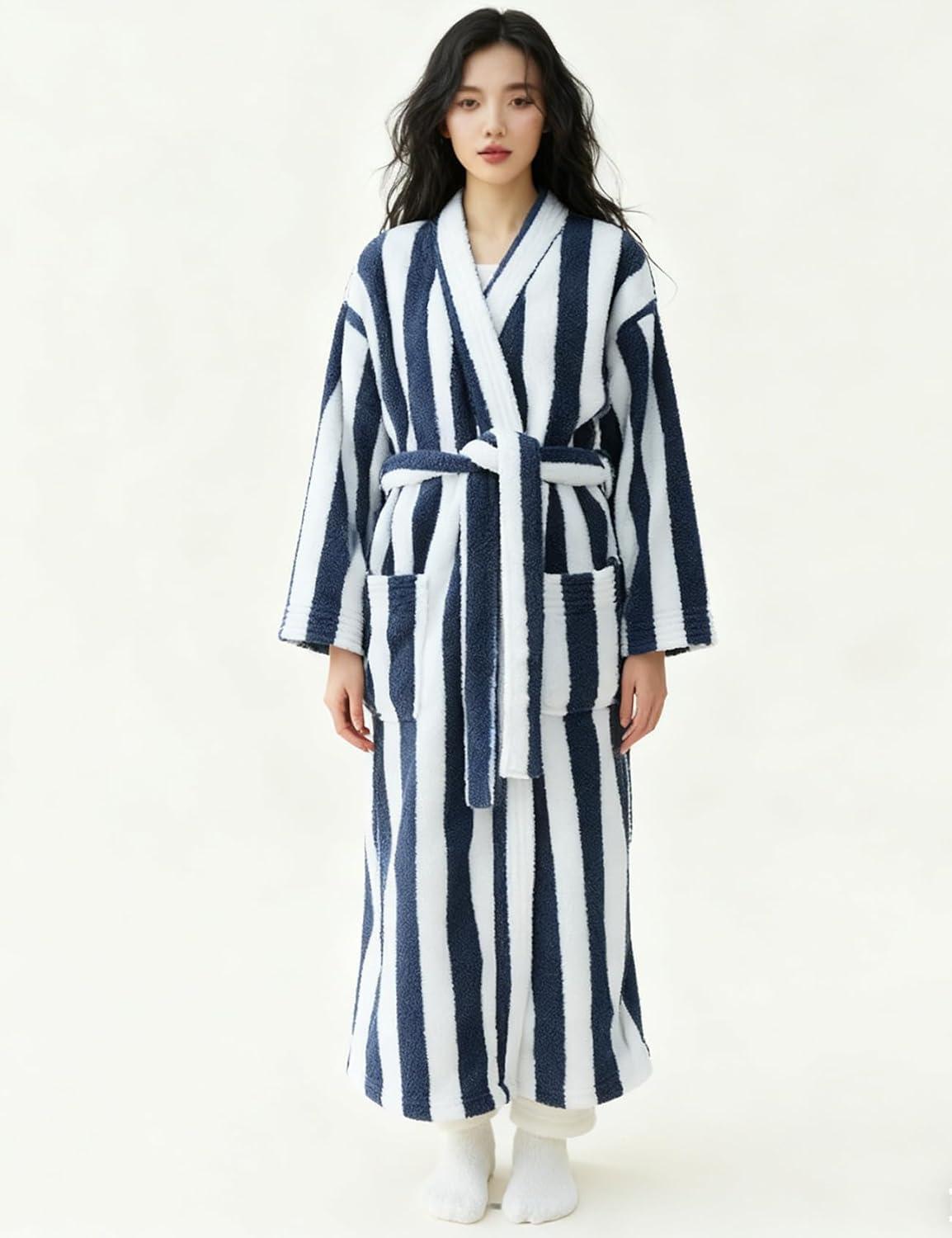 Arssm Womens Striped Fluffy Robe Long Plush Bathrobes Fuzzy Warm Cozy Thick Loungewear Maxi Robe(Blue)