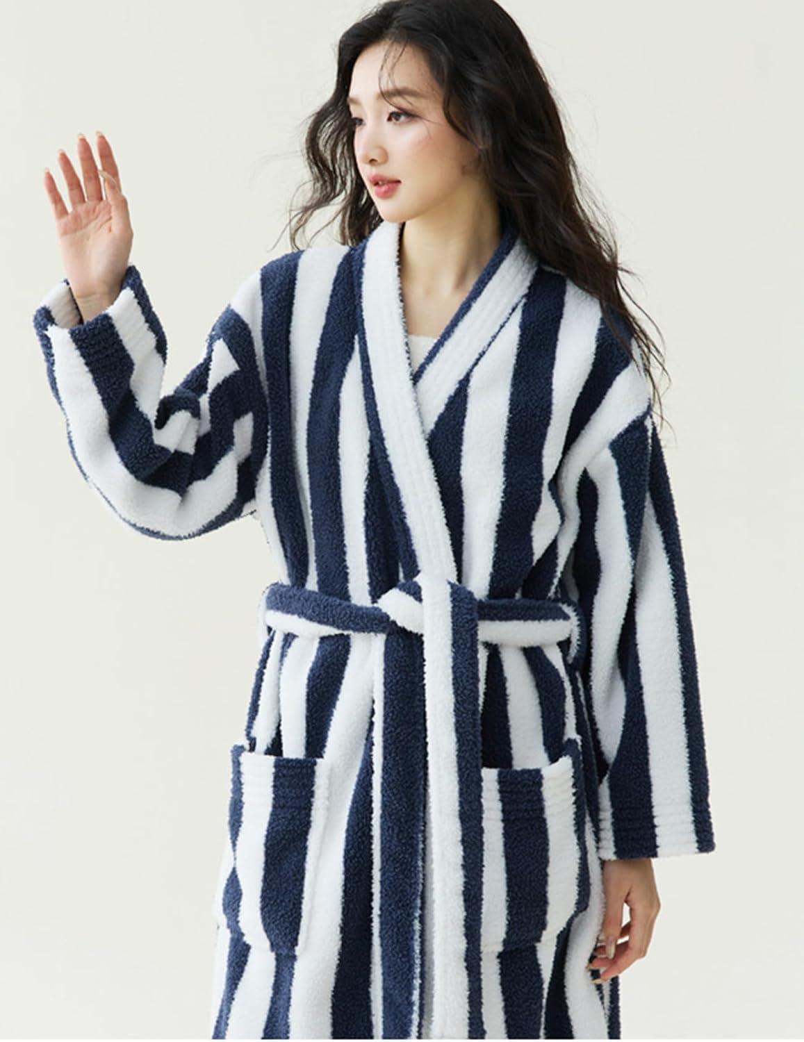 Arssm Womens Striped Fluffy Robe Long Plush Bathrobes Fuzzy Warm Cozy Thick Loungewear Maxi Robe(Blue)