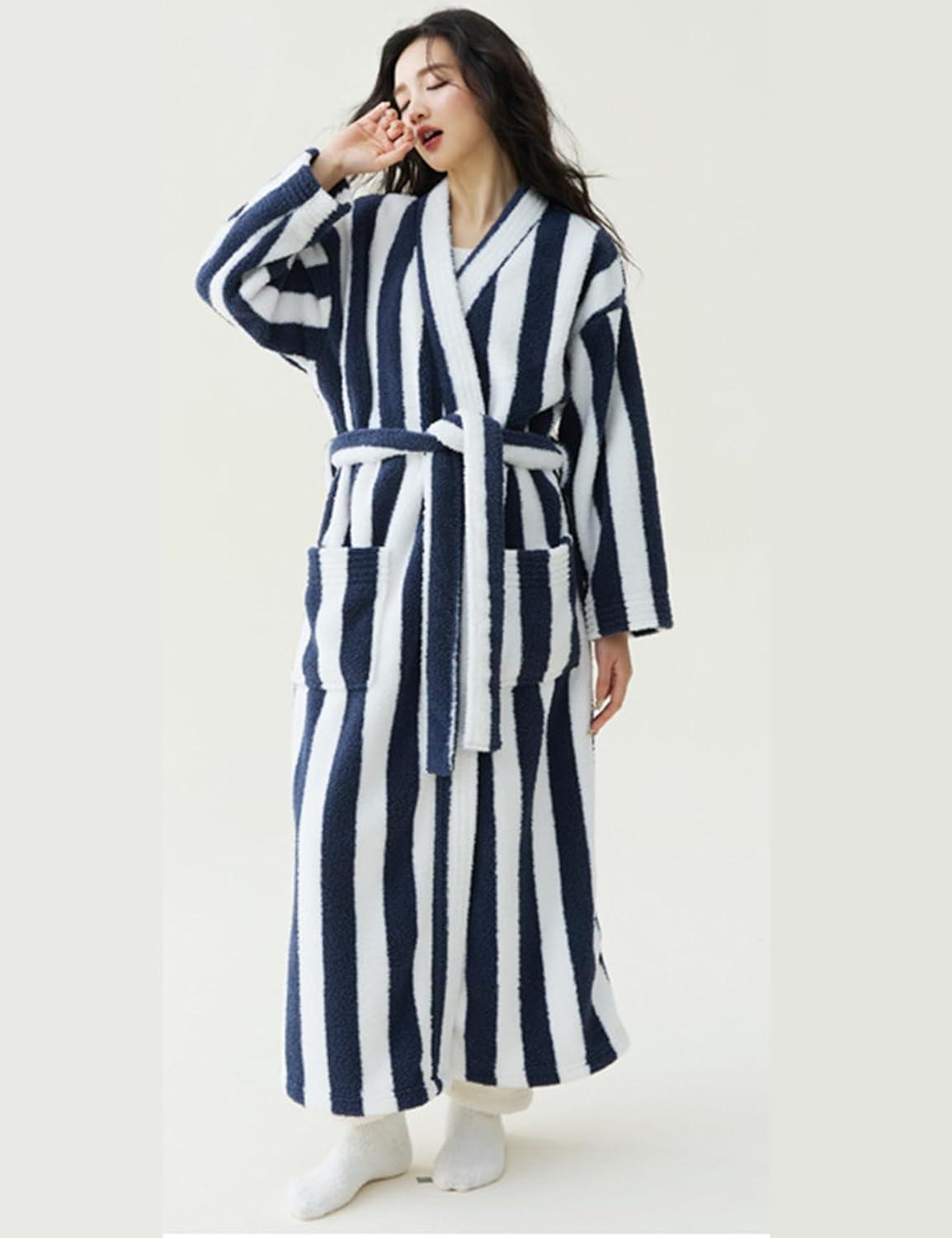 Arssm Womens Striped Fluffy Robe Long Plush Bathrobes Fuzzy Warm Cozy Thick Loungewear Maxi Robe(Blue)