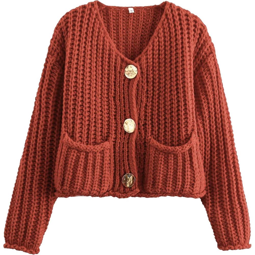 Arssm Womens Cropped Cardigan Sweaters Chunky Open Front Button Down Knit Sweater Long Sleeve Loose Cardigan Outerwear(Brickred)