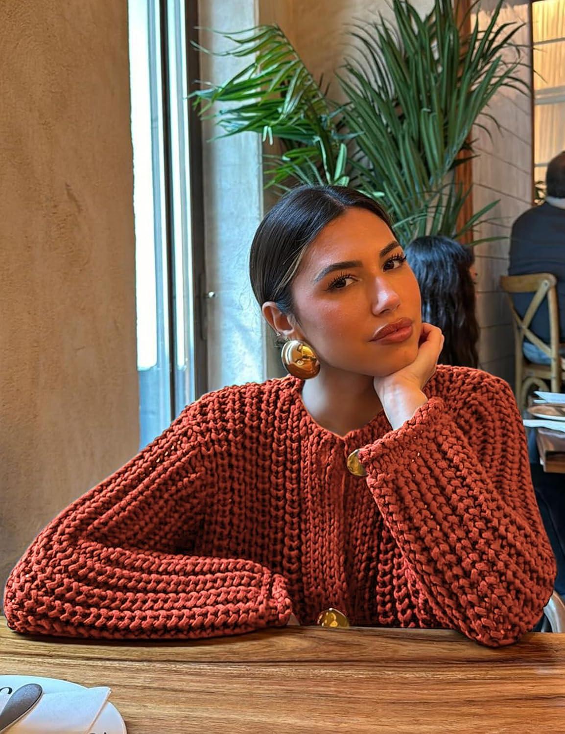 Arssm Womens Cropped Cardigan Sweaters Chunky Open Front Button Down Knit Sweater Long Sleeve Loose Cardigan Outerwear(Brickred)