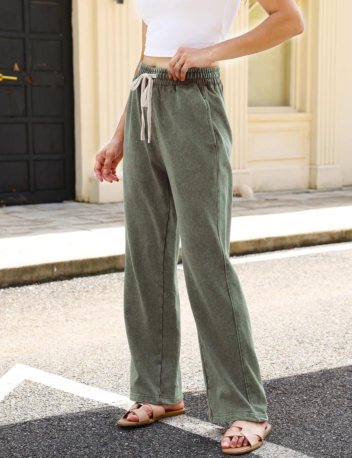 Arssm Baggy Sweatpants for Women Wide Leg Pants Vintage Cotton Acid Wash Drawstring Joggers with Pockets(Army)