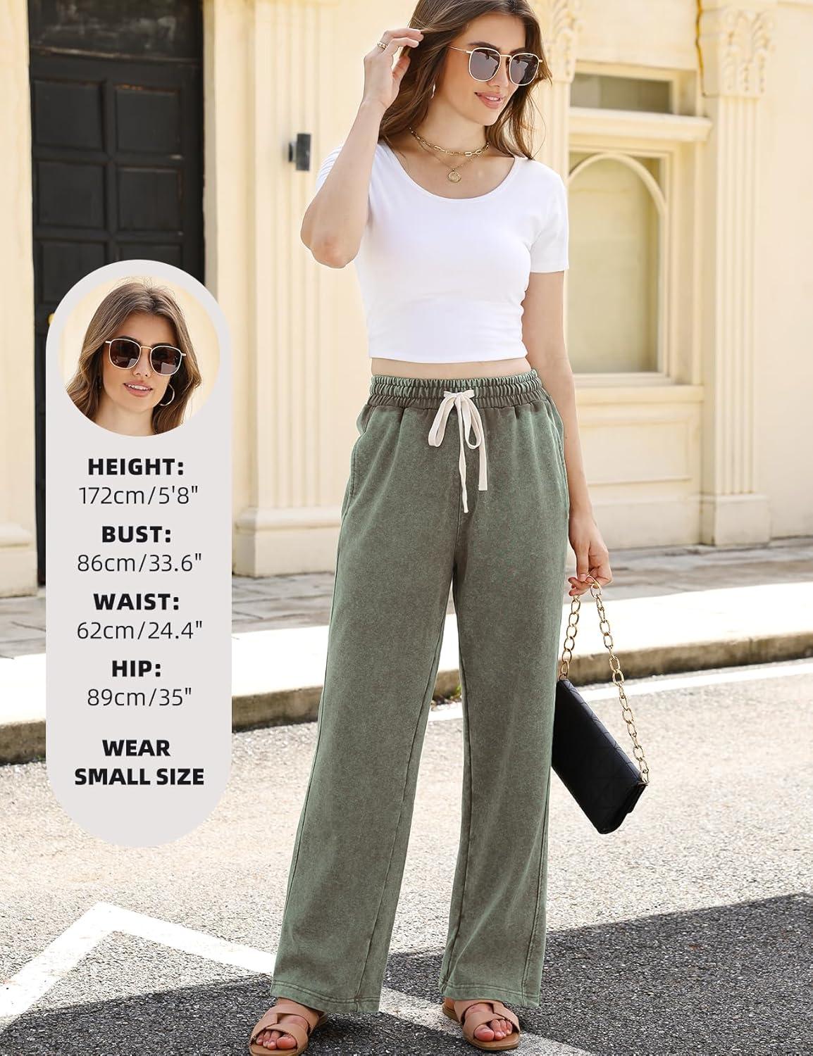 Arssm Baggy Sweatpants for Women Wide Leg Pants Vintage Cotton Acid Wash Drawstring Joggers with Pockets(Army)