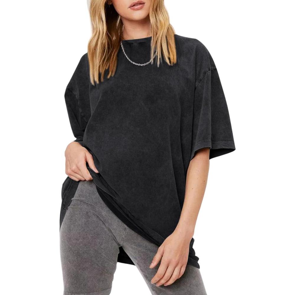 Arssm Women’s Oversized T-Shirts Cotton Acid Wash Boyfriend Tee Shirt Loose Fit Vintage T-Shirts(Black)
