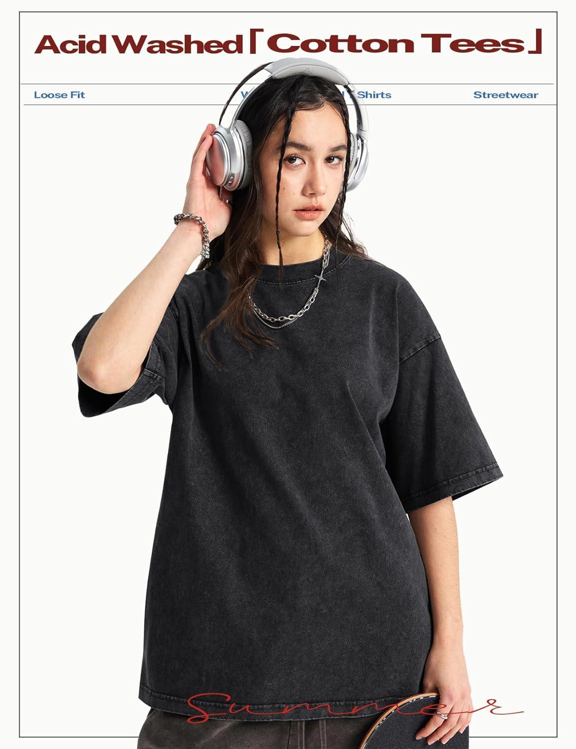 Arssm Women’s Oversized T-Shirts Cotton Acid Wash Boyfriend Tee Shirt Loose Fit Vintage T-Shirts(Black)