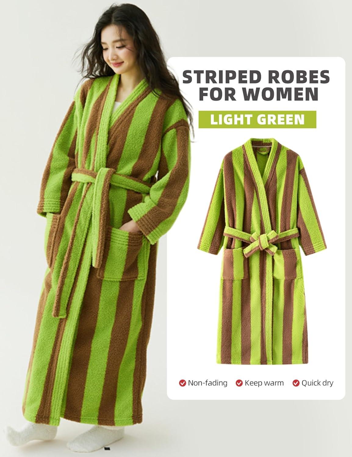 Arssm Womens Striped Fluffy Robe Long Plush Bathrobes Fuzzy Warm Cozy Thick Loungewear Maxi Robe(Lightgreen)