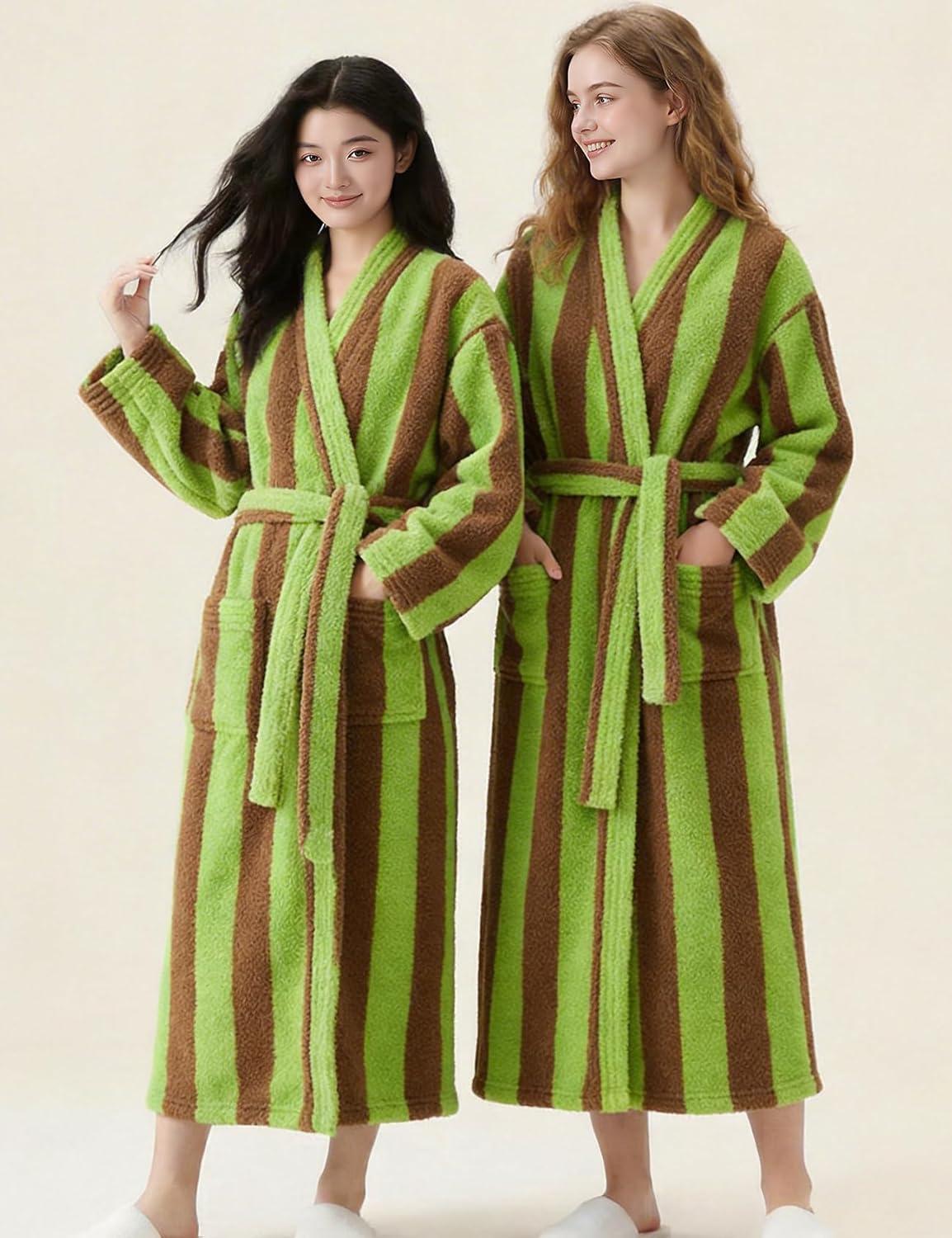 Arssm Womens Striped Fluffy Robe Long Plush Bathrobes Fuzzy Warm Cozy Thick Loungewear Maxi Robe(Lightgreen)
