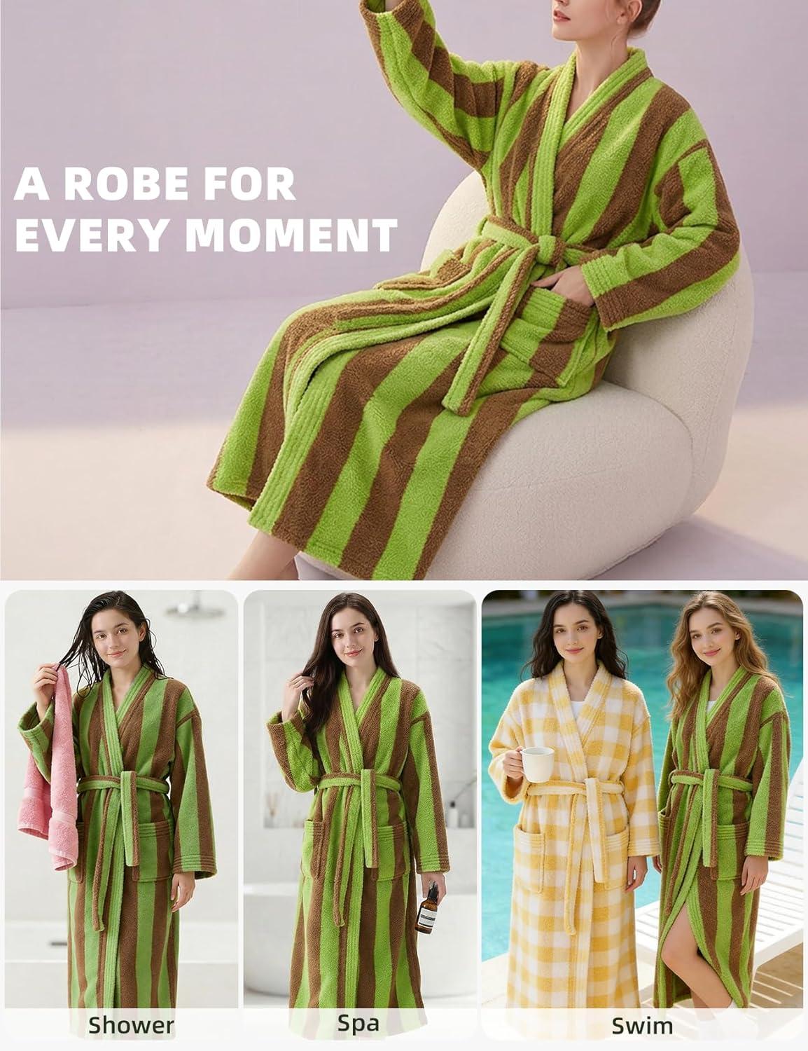 Arssm Womens Striped Fluffy Robe Long Plush Bathrobes Fuzzy Warm Cozy Thick Loungewear Maxi Robe(Lightgreen)