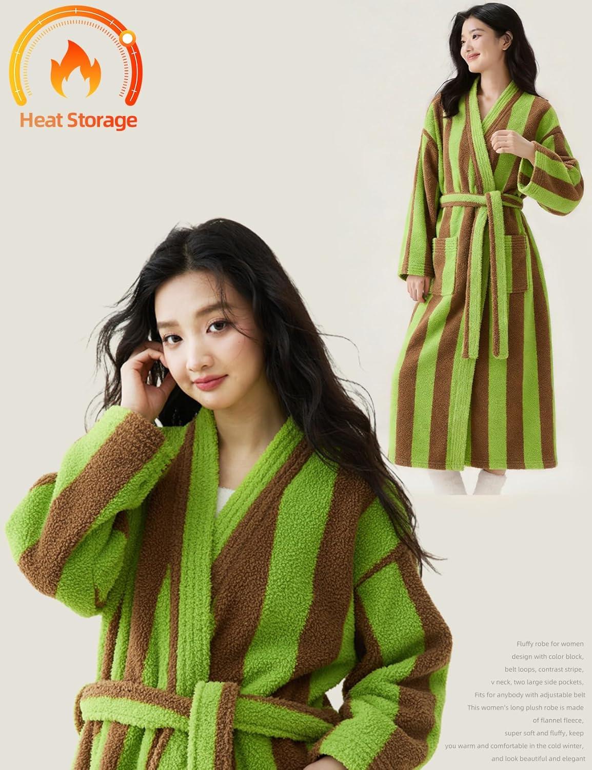 Arssm Womens Striped Fluffy Robe Long Plush Bathrobes Fuzzy Warm Cozy Thick Loungewear Maxi Robe(Lightgreen)