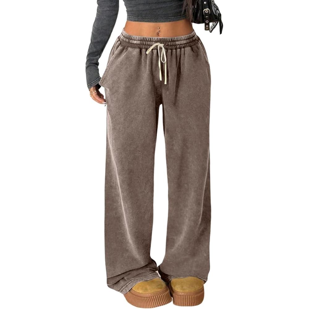 Arssm Baggy Sweatpants for Women Wide Leg Pants Vintage Cotton Acid Wash Drawstring Joggers with Pockets(Brown)