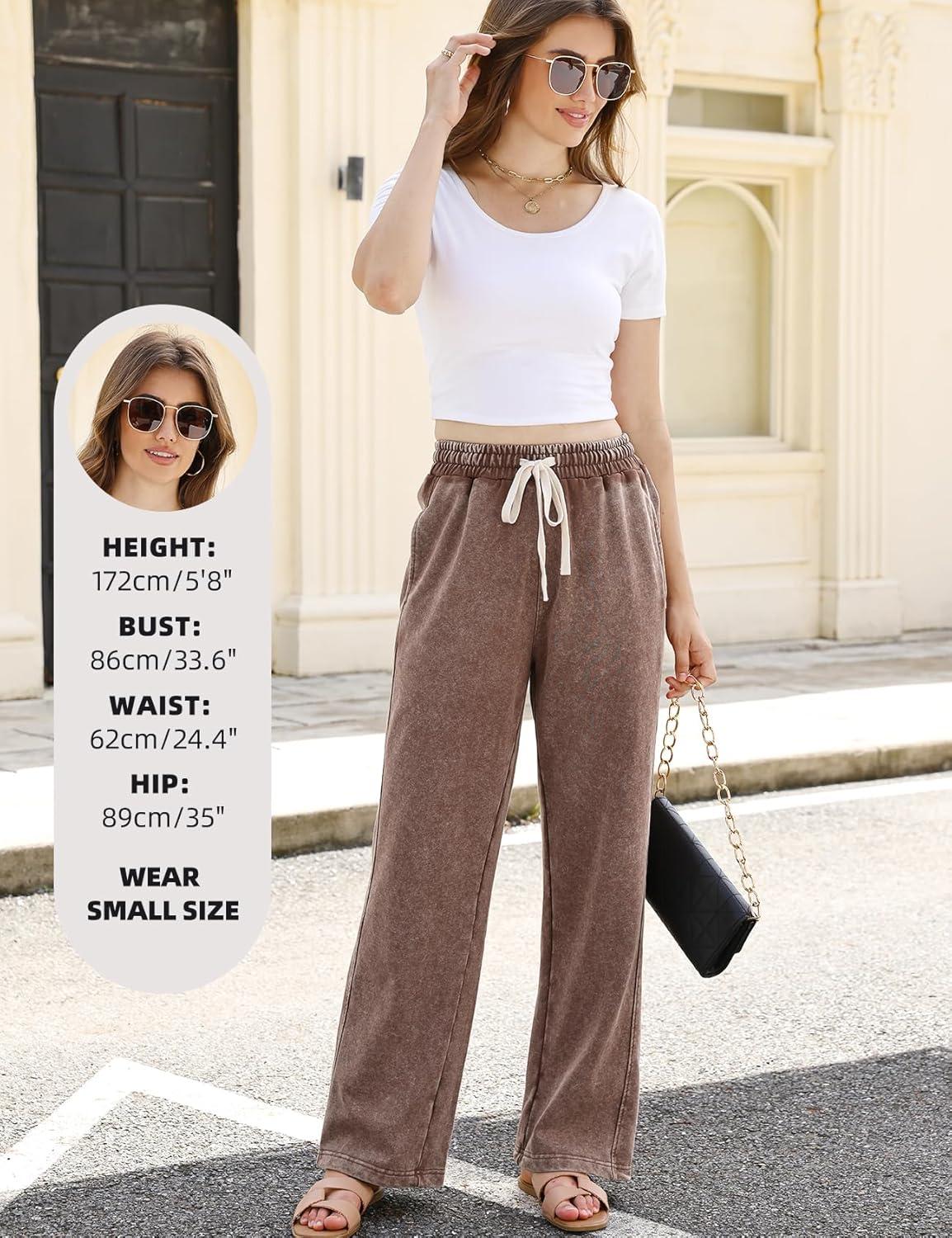 Arssm Baggy Sweatpants for Women Wide Leg Pants Vintage Cotton Acid Wash Drawstring Joggers with Pockets(Brown)