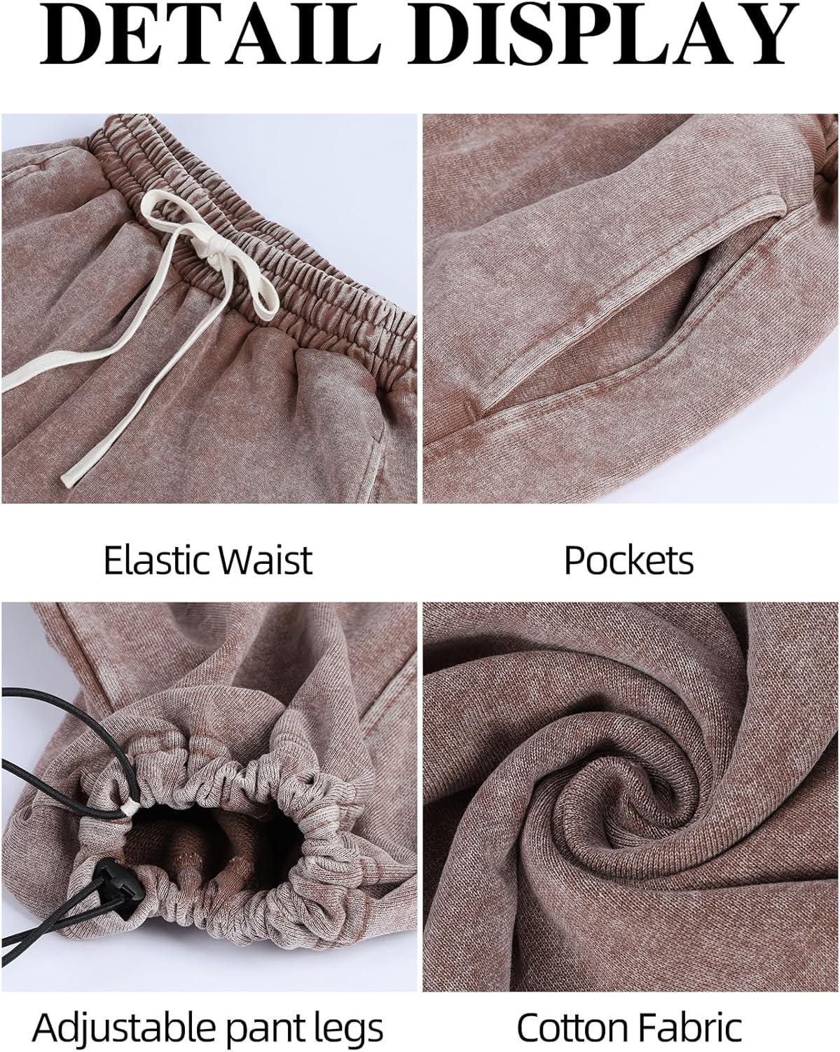 Arssm Baggy Sweatpants for Women Wide Leg Pants Vintage Cotton Acid Wash Drawstring Joggers with Pockets(Brown)