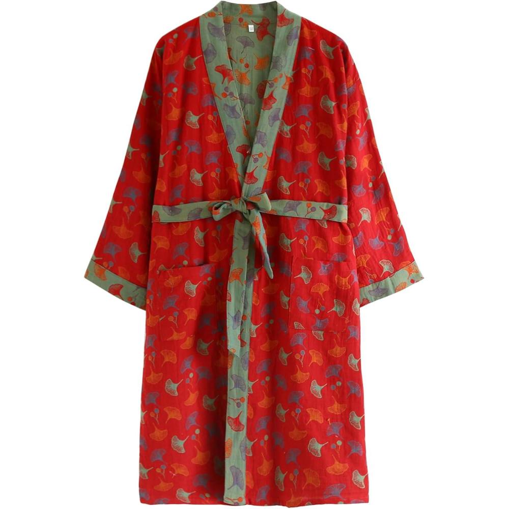 Arssm Women Cotton Gauze Robes Jacquard Japanese Yukata Muslin Kimono Robe Bathrobe Loungewear Sleepwear(Redleaves)