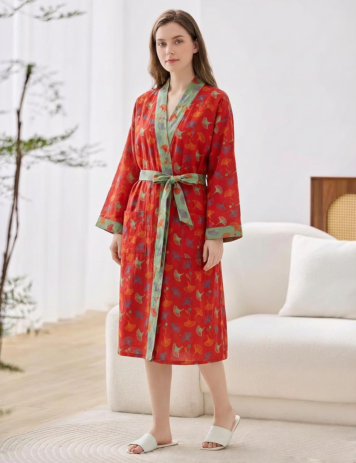 Arssm Women Cotton Gauze Robes Jacquard Japanese Yukata Muslin Kimono Robe Bathrobe Loungewear Sleepwear(Redleaves)