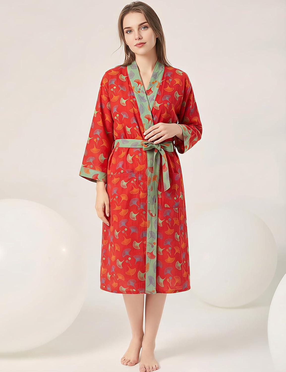 Arssm Women Cotton Gauze Robes Jacquard Japanese Yukata Muslin Kimono Robe Bathrobe Loungewear Sleepwear(Redleaves)