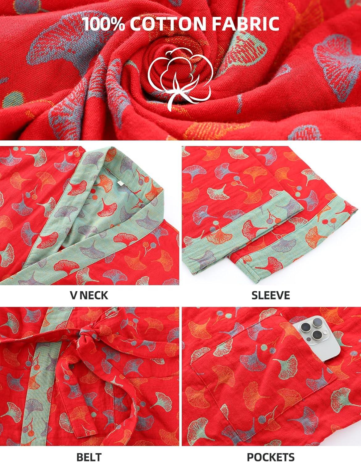 Arssm Women Cotton Gauze Robes Jacquard Japanese Yukata Muslin Kimono Robe Bathrobe Loungewear Sleepwear(Redleaves)