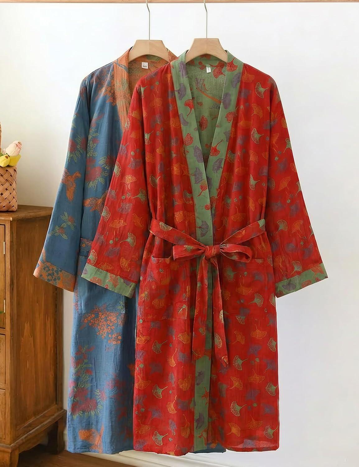 Arssm Women Cotton Gauze Robes Jacquard Japanese Yukata Muslin Kimono Robe Bathrobe Loungewear Sleepwear(Redleaves)