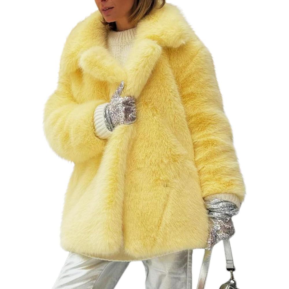 Arssm Women’s Faux Fur Coat Long Sleeve Fluffy Jacket Open Front Furry Winter Warm Lapel Shaggy Coat Outwear(Yellow)