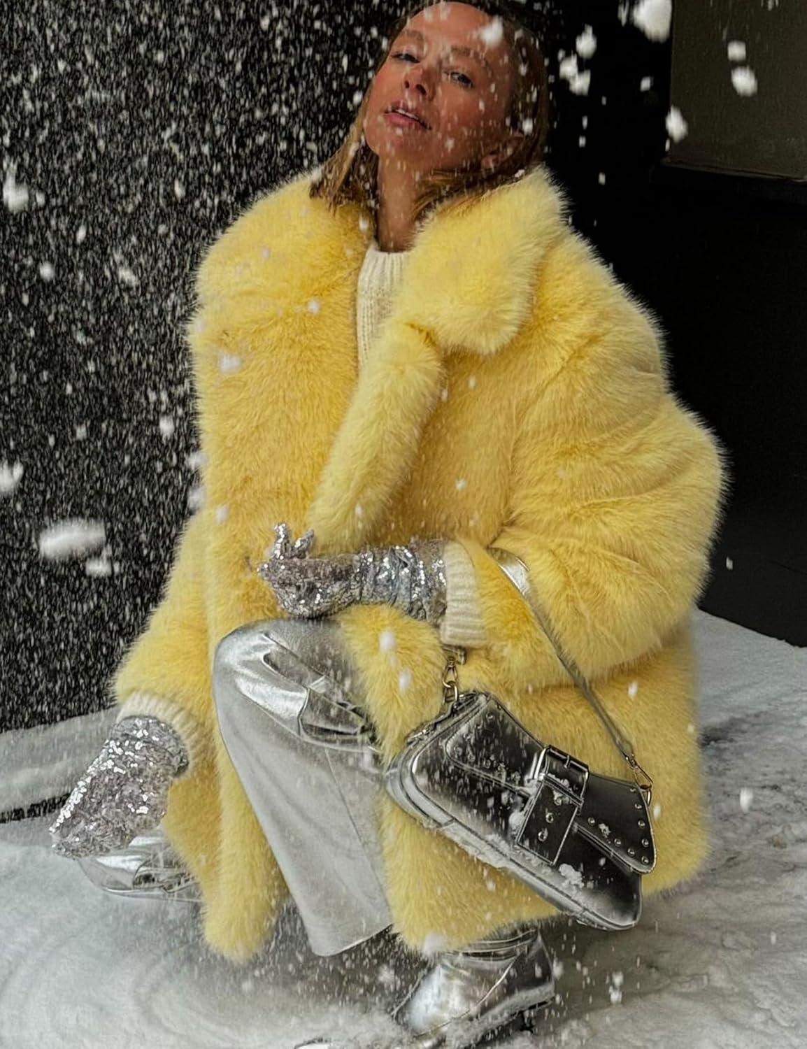 Arssm Women’s Faux Fur Coat Long Sleeve Fluffy Jacket Open Front Furry Winter Warm Lapel Shaggy Coat Outwear(Yellow)