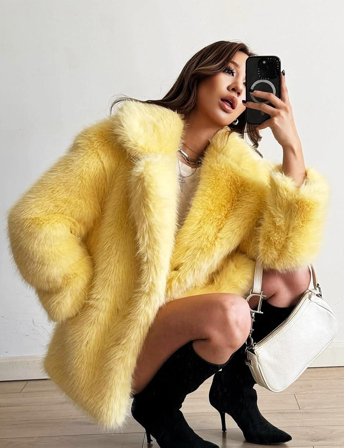 Arssm Women’s Faux Fur Coat Long Sleeve Fluffy Jacket Open Front Furry Winter Warm Lapel Shaggy Coat Outwear(Yellow)