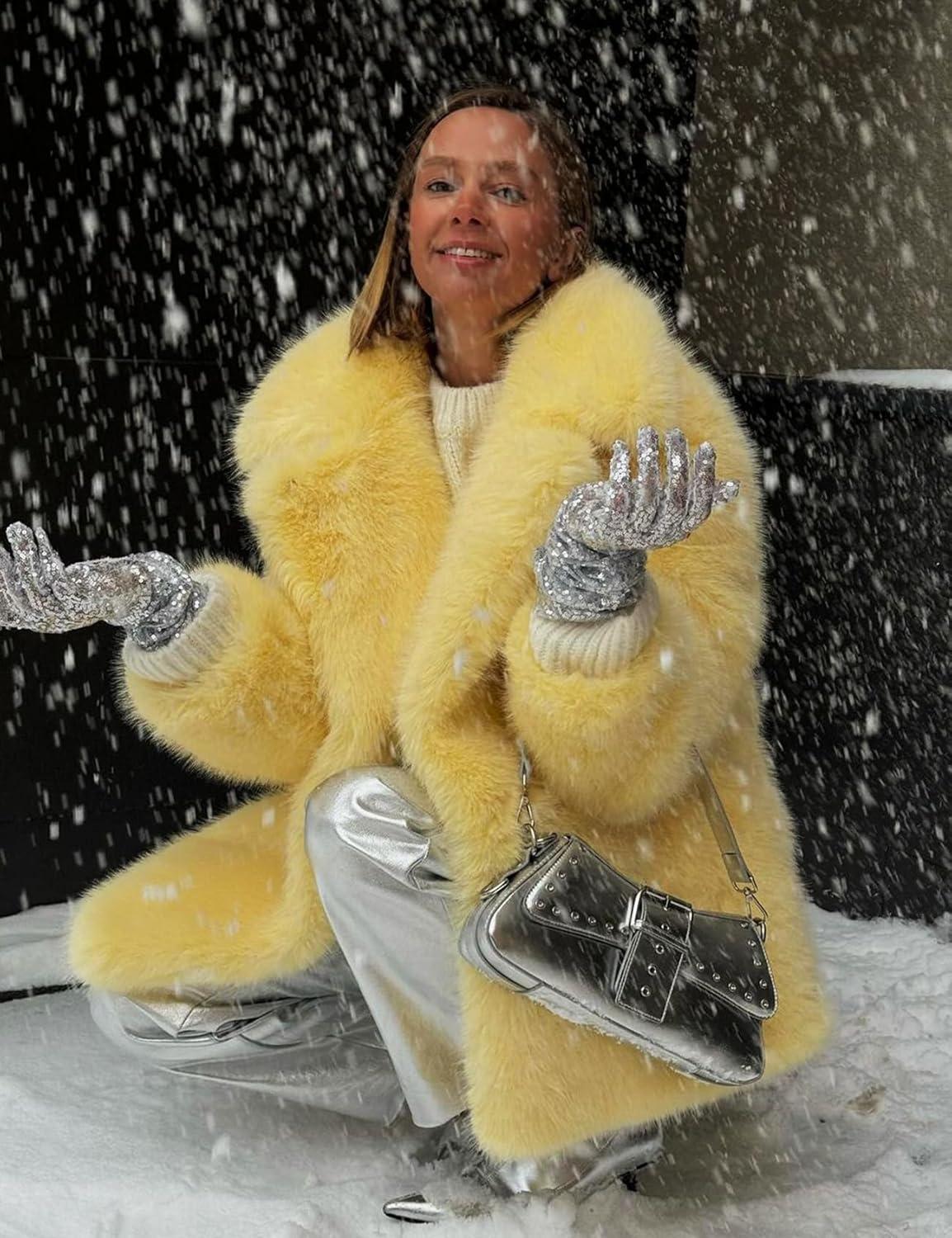 Arssm Women’s Faux Fur Coat Long Sleeve Fluffy Jacket Open Front Furry Winter Warm Lapel Shaggy Coat Outwear(Yellow)