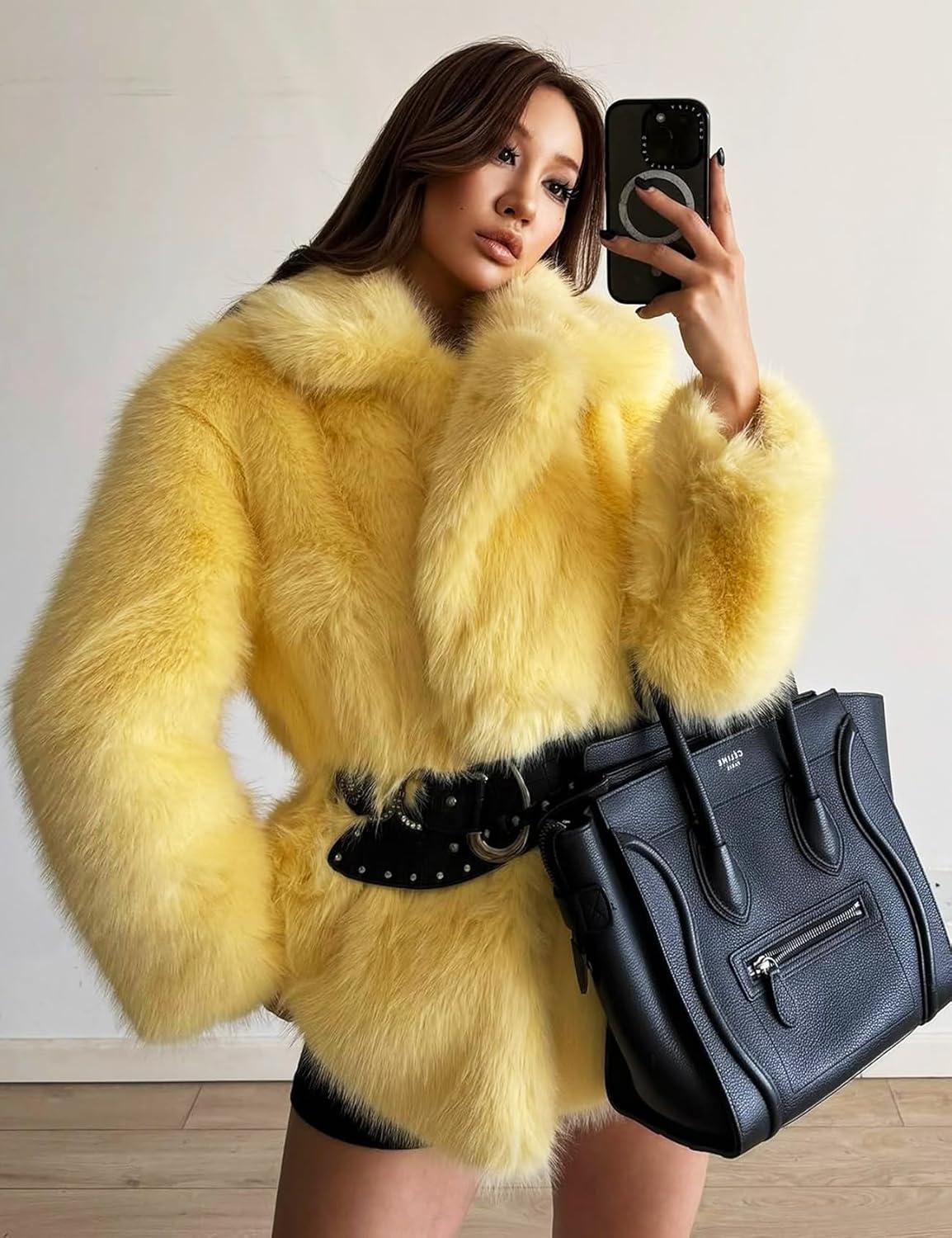 Arssm Women’s Faux Fur Coat Long Sleeve Fluffy Jacket Open Front Furry Winter Warm Lapel Shaggy Coat Outwear(Yellow)