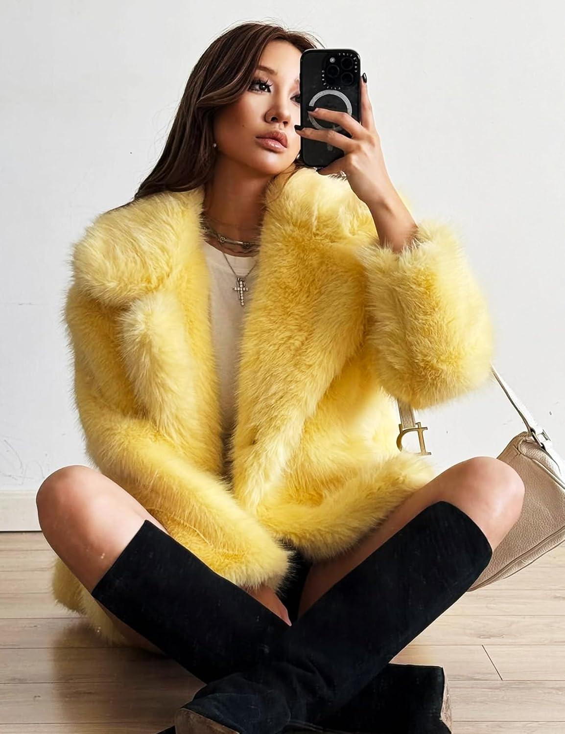 Arssm Women’s Faux Fur Coat Long Sleeve Fluffy Jacket Open Front Furry Winter Warm Lapel Shaggy Coat Outwear(Yellow)