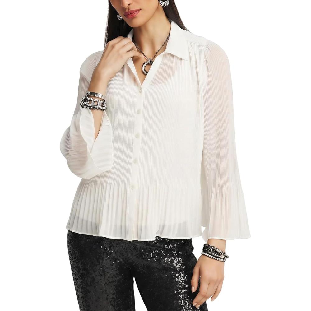 Arssm Women Sheer Button Up Blouse Long Sleeve Mesh Pleated Blouse Tops See Through Shirts(White)