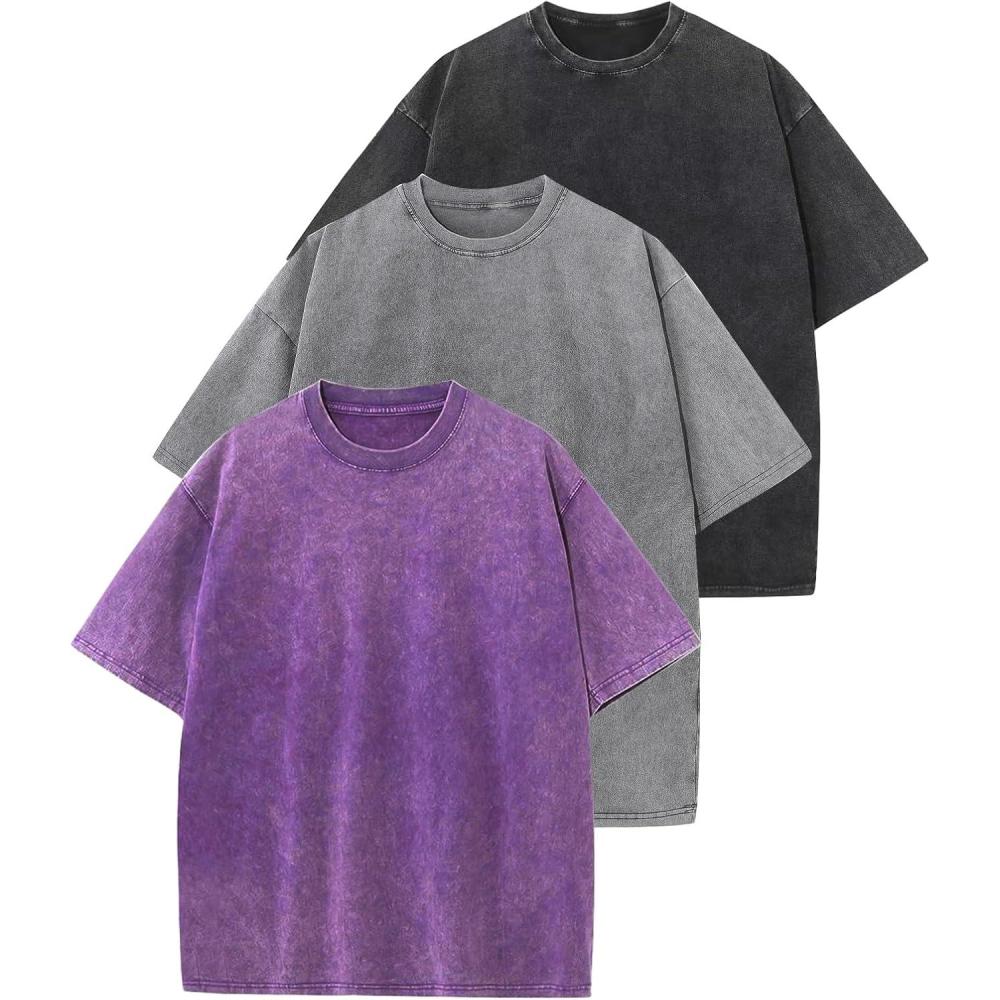 Arssm 3 Pack Men Oversized T Shirts Vintage Tee Loose Fit Short Sleeve Casual Streetwear Baggy Washed Unisex Tops(Black+grey+purple)