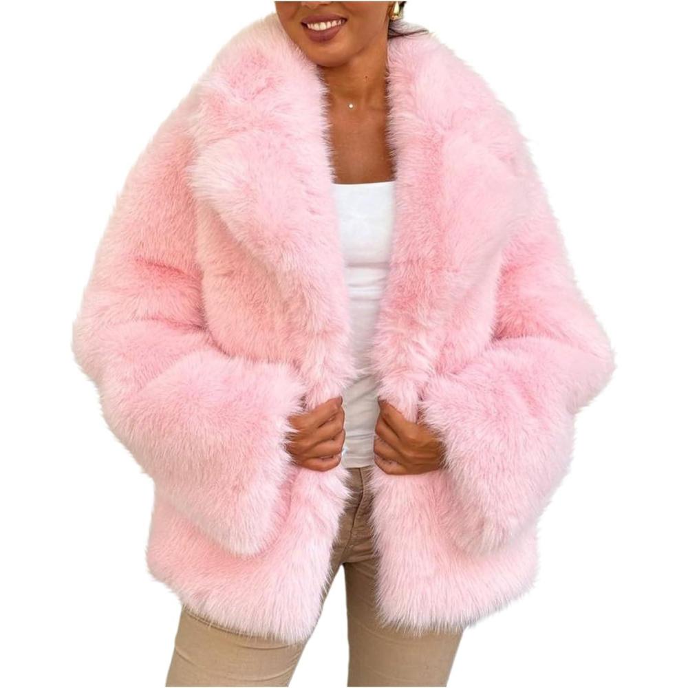 Arssm Women’s Faux Fur Coat Long Sleeve Fluffy Jacket Open Front Furry Winter Warm Lapel Shaggy Coat Outwear(Pink)