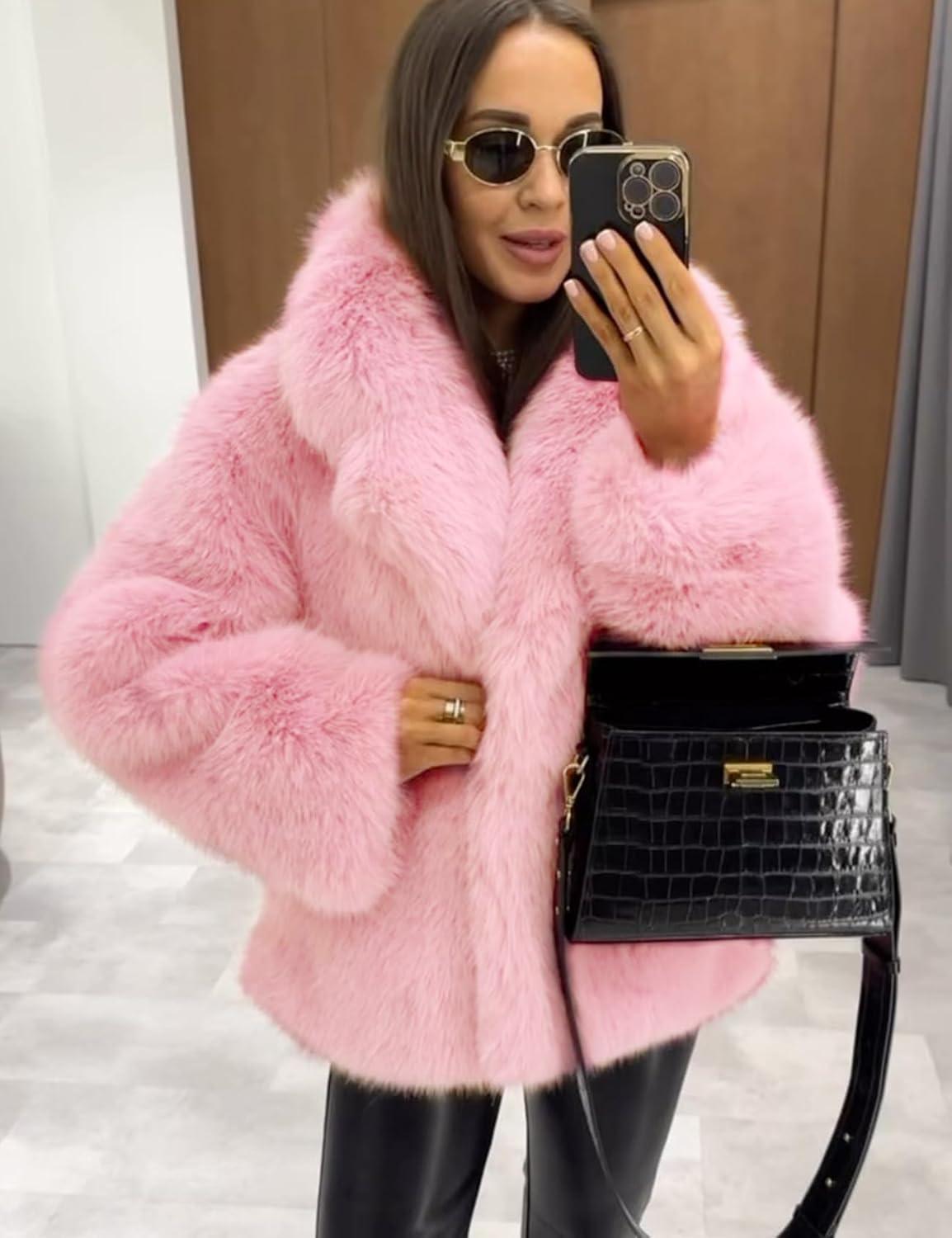 Arssm Women’s Faux Fur Coat Long Sleeve Fluffy Jacket Open Front Furry Winter Warm Lapel Shaggy Coat Outwear(Pink)
