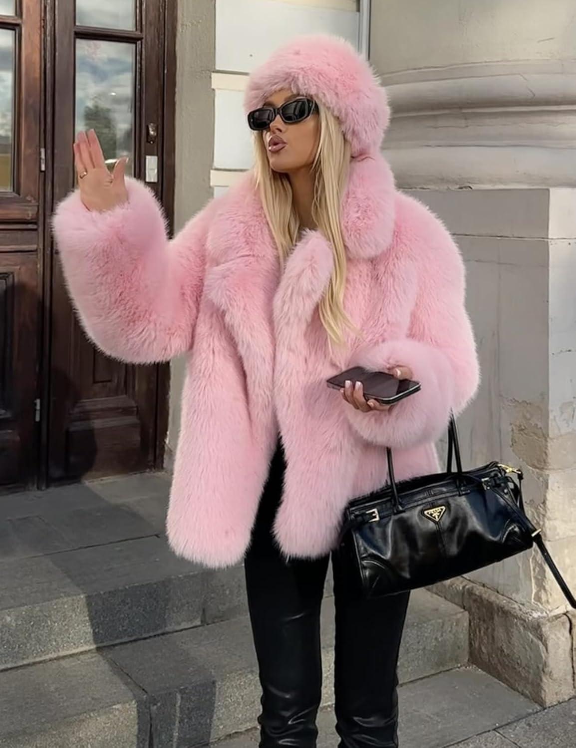 Arssm Women’s Faux Fur Coat Long Sleeve Fluffy Jacket Open Front Furry Winter Warm Lapel Shaggy Coat Outwear(Pink)