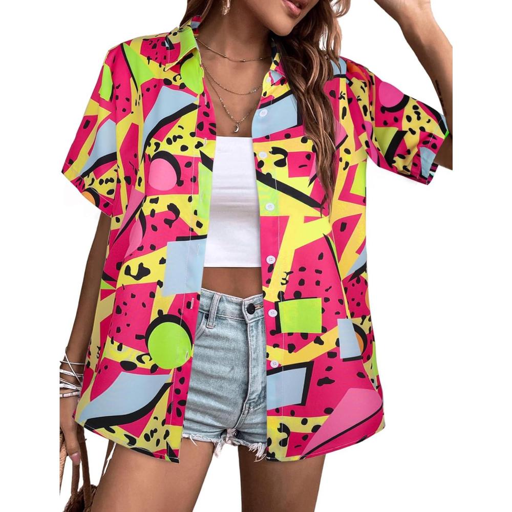 Arssm 80s 90s Shirts for Women Retro Vintage Party Disco Outfits Neon Hawaiian Button Down Blouses Tees Tops(Hotpink)