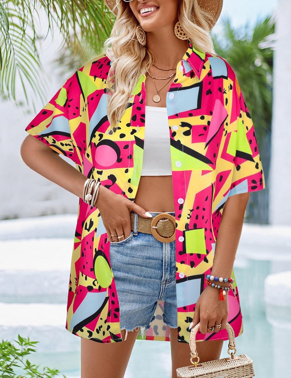 Arssm 80s 90s Shirts for Women Retro Vintage Party Disco Outfits Neon Hawaiian Button Down Blouses Tees Tops(Hotpink)