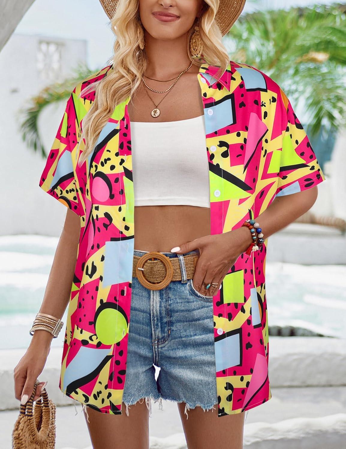 Arssm 80s 90s Shirts for Women Retro Vintage Party Disco Outfits Neon Hawaiian Button Down Blouses Tees Tops(Hotpink)