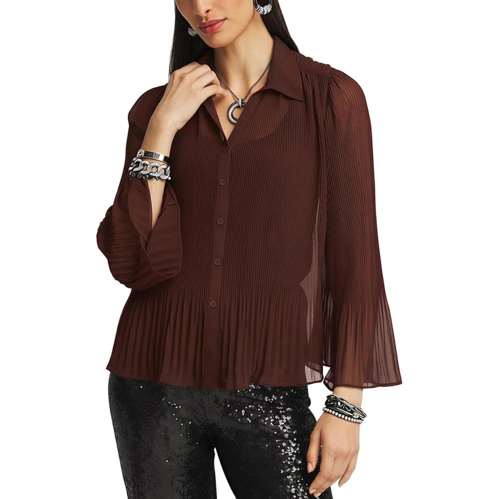 Arssm Women Sheer Button Up Blouse Long Sleeve Mesh Pleated Blouse Tops See Through Shirts(Brown)