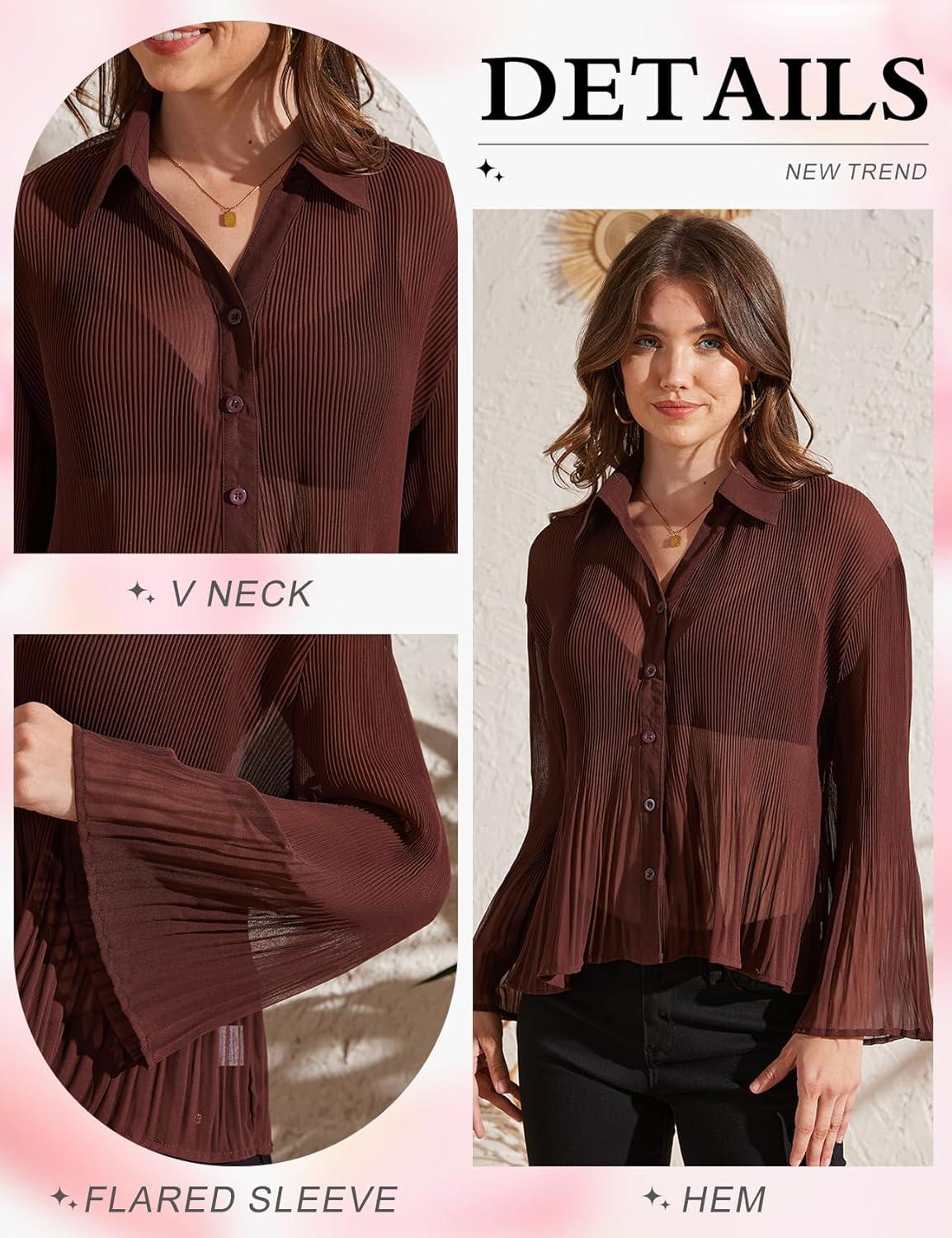 Arssm Women Sheer Button Up Blouse Long Sleeve Mesh Pleated Blouse Tops See Through Shirts(Brown)