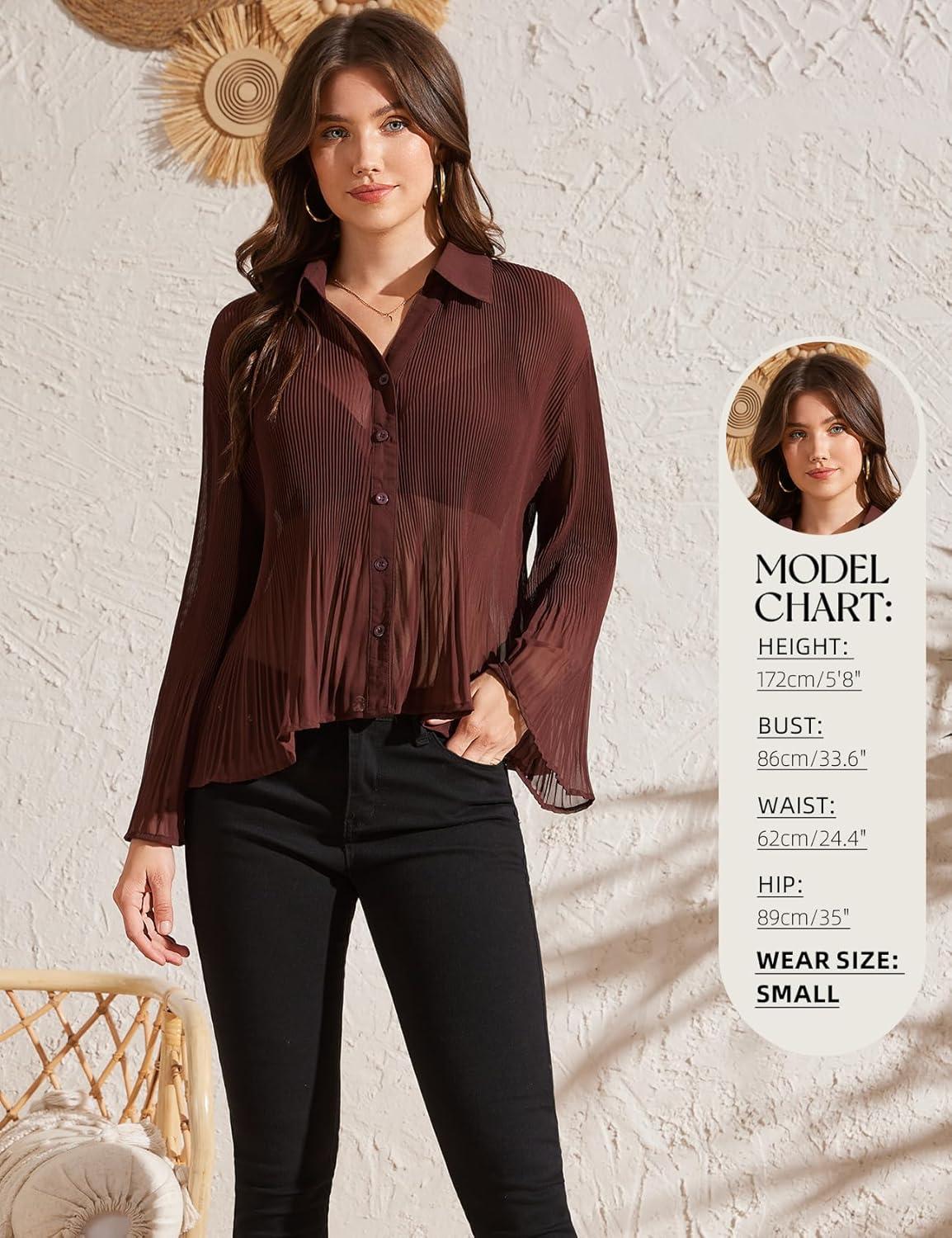 Arssm Women Sheer Button Up Blouse Long Sleeve Mesh Pleated Blouse Tops See Through Shirts(Brown)