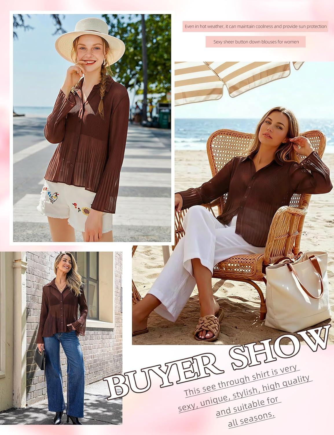 Arssm Women Sheer Button Up Blouse Long Sleeve Mesh Pleated Blouse Tops See Through Shirts(Brown)