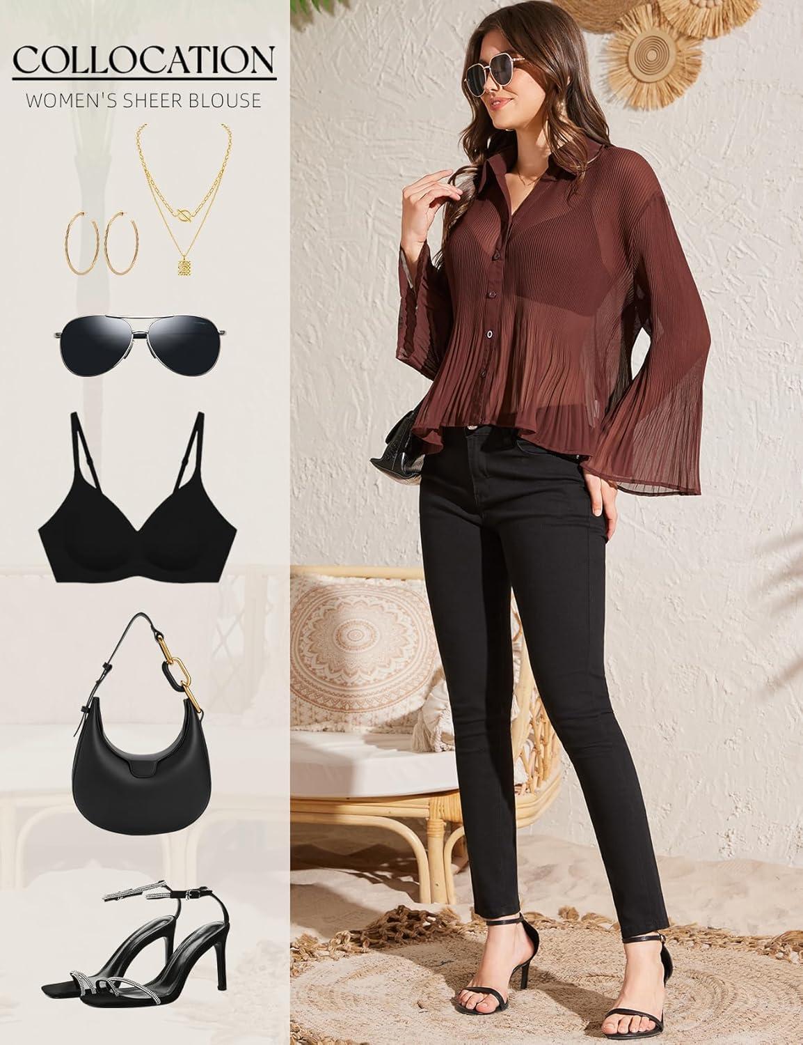 Arssm Women Sheer Button Up Blouse Long Sleeve Mesh Pleated Blouse Tops See Through Shirts(Brown)