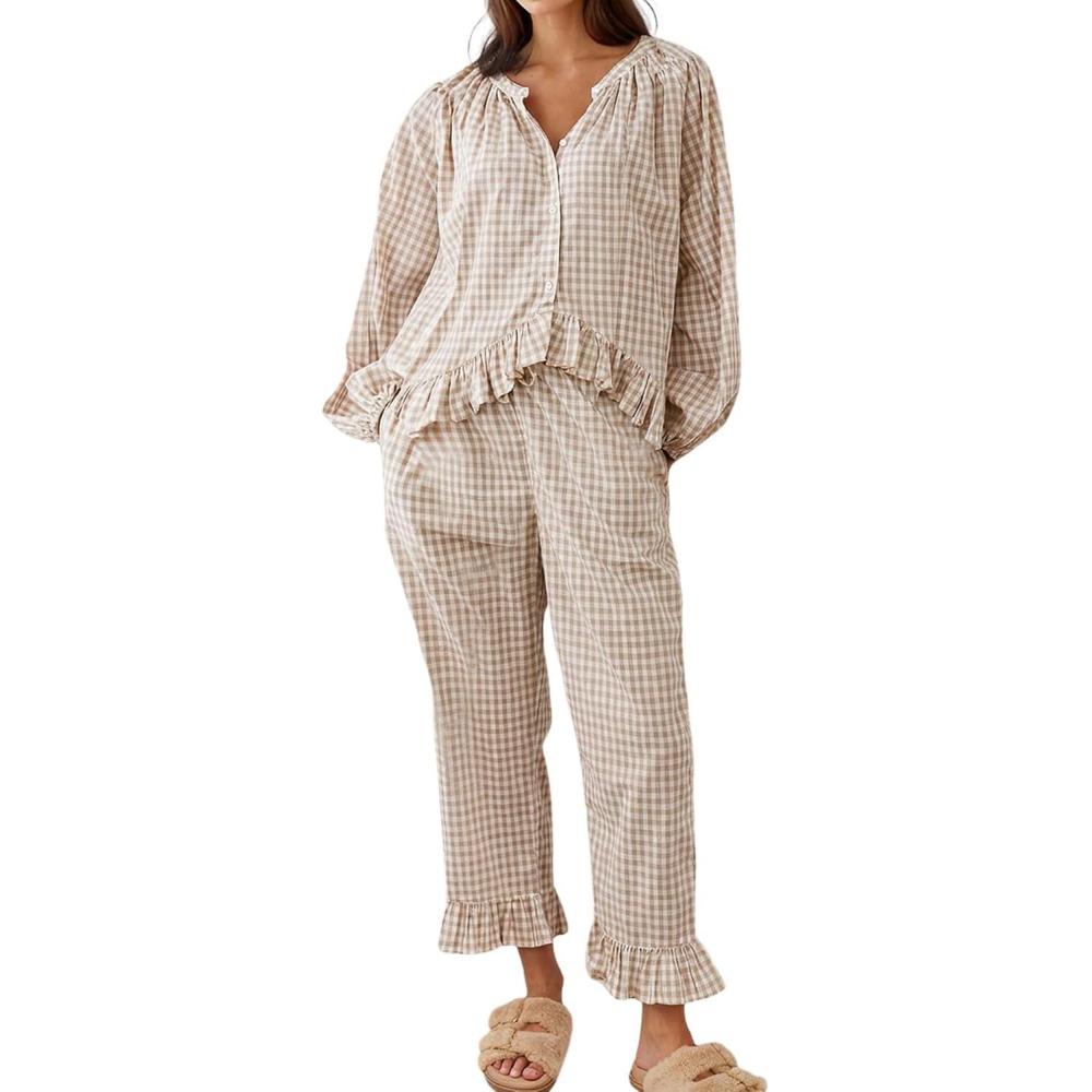 Arssm Womens Gingham Pajama Set 2 Piece Plaid Button Down Long Sleeve Shirt and Pants Pjs Lounge Set Outfits(Khaki)