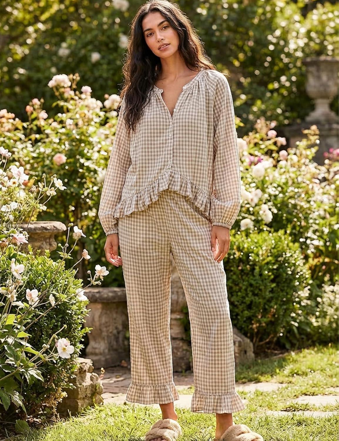 Arssm Womens Gingham Pajama Set 2 Piece Plaid Button Down Long Sleeve Shirt and Pants Pjs Lounge Set Outfits(Khaki)