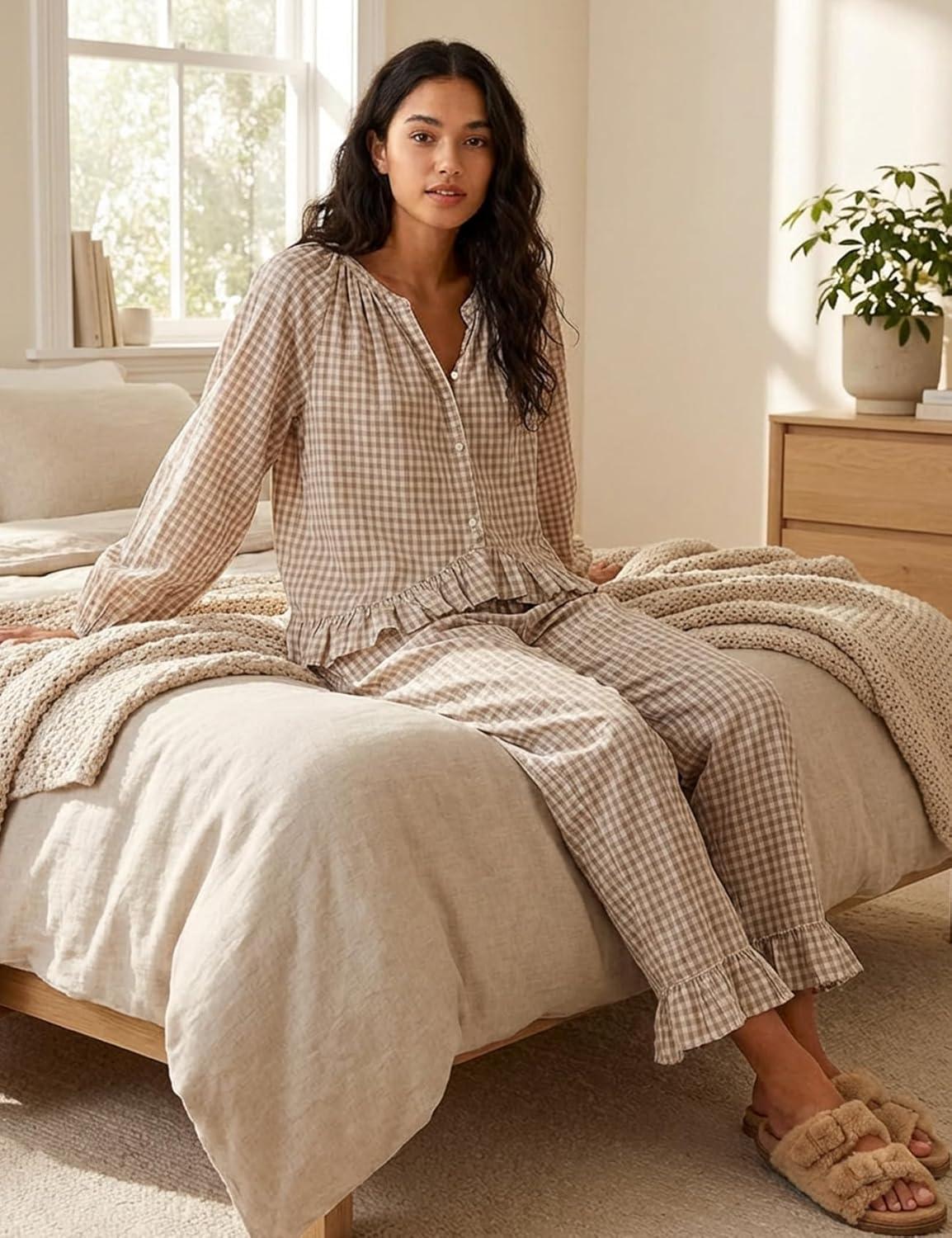 Arssm Womens Gingham Pajama Set 2 Piece Plaid Button Down Long Sleeve Shirt and Pants Pjs Lounge Set Outfits(Khaki)