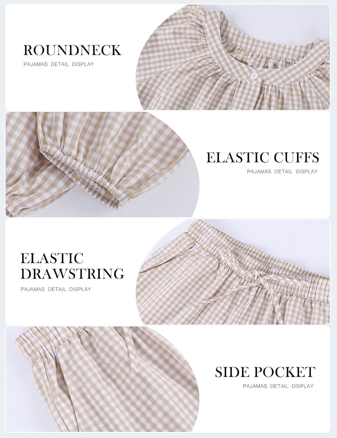 Arssm Womens Gingham Pajama Set 2 Piece Plaid Button Down Long Sleeve Shirt and Pants Pjs Lounge Set Outfits(Khaki)