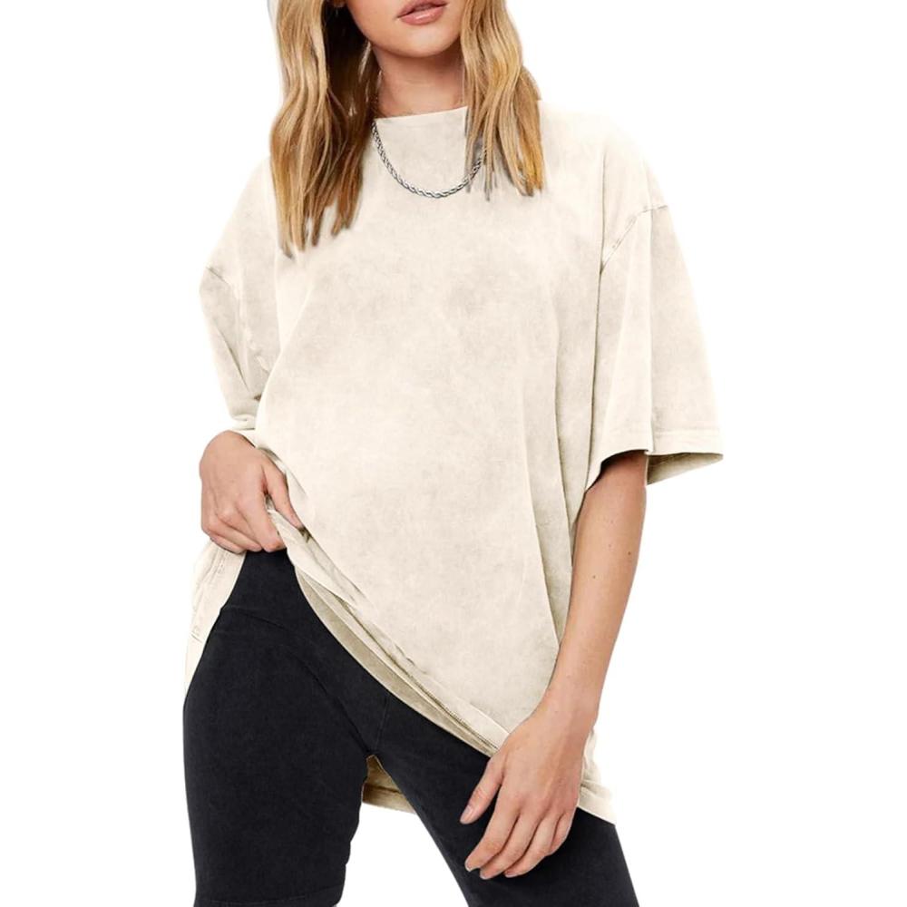 Arssm Women’s Oversized T-Shirts Cotton Acid Wash Boyfriend Tee Shirt Loose Fit Vintage T-Shirts(Beige)
