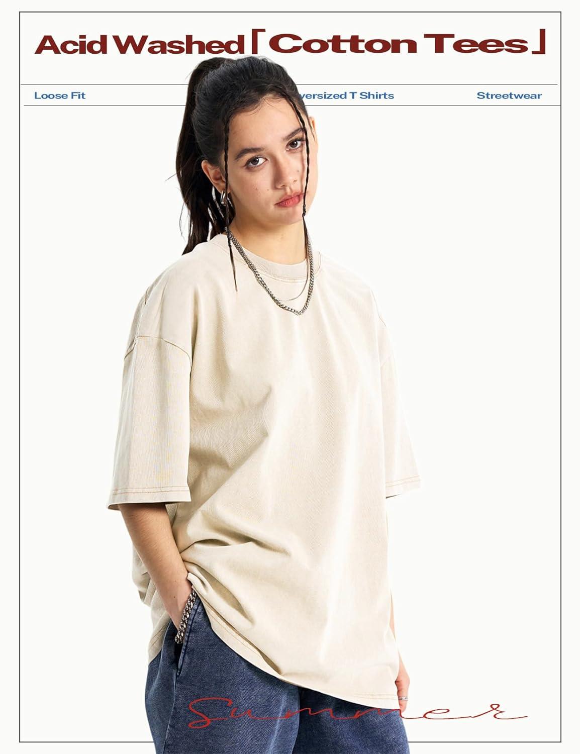Arssm Women’s Oversized T-Shirts Cotton Acid Wash Boyfriend Tee Shirt Loose Fit Vintage T-Shirts(Beige)